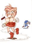  amy_rose anonynsfw anthro bare_shoulders black_nose blue_hair blush boots breasts clothed clothing female footwear gloves green_eyes hair headband hedgehog male mammal nipples open_mouth pink_hair short_hair solo sonic_(series) topless torn_clothing video_games 