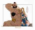  1girl blonde_hair blue_leotard breast_press breasts commentary dandon_fuga embarrassed height_difference large_breasts leotard long_hair mask muscle rainbow_mika scar shirtless sitting sleeping sleeping_on_person sleeping_upright street_fighter street_fighter_zero_(series) twintails wrestling_outfit zangief 