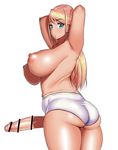  1girl :o areolae armpits arms_behind_head arms_up ass bar_censor blonde_hair blue_eyes breasts burakku-ra censored earrings erection futanari highres hoop_earrings huge_breasts jewelry large_breasts large_penis long_hair looking_at_viewer looking_back mole mole_under_mouth nipple_piercing nipples original penis piercing plump puffy_nipples short_shorts shorts simple_background solo thick_thighs topless underboob white_background 
