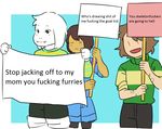  2016 ambiguous_gender anthro asriel_dreemurr band-aid bandage blush caprine chara_(undertale) clothed clothing edit english_text goat group human humor male mammal meta monster open_mouth protagonist_(undertale) protest reaction_image sign simple_background smile standing text undertale video_games waterjerk 