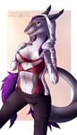  2016 anthro areola breasts clothed clothing english_text female fur furgonomics grey_fur hair hi_res hoodie jacket looking_at_viewer navel nipple_piercing nipples pants piercing purple_fur purple_hair purple_nipples sergal simple_background skimpy solo storm_(stormblazer) text white_background white_fur whiteweasel yellow_eyes 