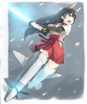  anabuki_tomoko animal_ears armor bad_id bad_pixiv_id black_hair blue_eyes energy_sword fox_ears fox_tail glowing glowing_sword glowing_weapon hakama_skirt japanese_armor japanese_clothes kote kurokote long_hair open_mouth skirt snow snowing solo striker_unit sword tail u_(mikaduki0720) weapon world_witches_series 