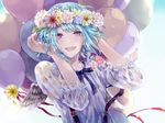  :d angel_wings asymmetrical_bangs balloon bangs blue_eyes blue_hair blue_ribbon blush buckle ensemble_stars! eyebrows eyebrows_visible_through_hair feathered_wings flower_wreath grey_wings hands_in_hair hands_up head_wreath komkomx long_sleeves looking_at_viewer open_mouth plant ribbon shino_hajime shirt short_hair simple_background sleeves_past_elbows smile solo suspenders white_background white_shirt wings 