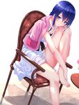  barefoot blue_eyes blue_hair chair dress dutch_angle feet feet_on_chair hai_to_gensou_no_grimgar hand_on_own_knee highres jacket_on_shoulders knee_up long_hair merry_(grimgar) parted_lips sitting sketch solo swordsouls table toes 