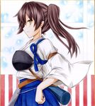  brown_eyes brown_hair from_side hakama_skirt hand_on_hip iroha_(nullpo) japanese_clothes kaga_(kantai_collection) kantai_collection long_hair muneate profile quiver serious shikishi side_ponytail solo tasuki traditional_media upper_body 