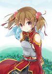  arms_behind_back bad_id bad_pixiv_id banned_artist bare_shoulders blush brown_hair hair_bobbles hair_ornament looking_at_viewer mirai_(macharge) pina_(sao) red_eyes short_hair silica smile solo sword_art_online twintails 