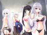  alternate_hair_color ass black_bra black_hair black_panties blue_eyes bow bow_bra bow_panties box bra breasts closers collarbone covering covering_breasts elf garter_belt harpy_(closers) indoors lace lace-trimmed_bra large_breasts lavender_hair levia_(closers) locker locker_room mouth_hold multiple_girls navel one_eye_closed panties panties_under_pantyhose pantyhose parted_lips pink_bra pink_panties pointy_ears purple_bra purple_eyes scrunchie seulbi_lee shaojiang side_ponytail skirt small_breasts smile thighhighs topless underwear underwear_only undressing white_hair yuri_seo 