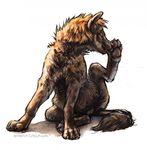  2016 brown_body brown_fur claws cute digital_media_(artwork) digital_painting_(artwork) feral front_view fur hyena kenket licking mammal pawpads paws raised_leg shaded simple_background sitting sketch solo spotted_hyena tongue tongue_out white_background 