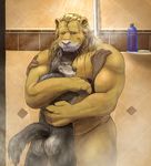  2016 anthro belly black_nose blonde_hair bottle brown_fur butt canine coyote cuddling digital_media_(artwork) duo eyes_closed feline fur gator_(artist) gold_fur grey_fur hair hug inside intimate larger_male lion male male/male mammal mane musclegut muscular nude pink_nose rear_view shower size_difference smaller_male smile standing steam tile_wall water wet wet_fur wet_hair whiskers 