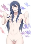  1girl areolae blue_eyes blue_hair blush breasts cowboy_shot female fire_emblem fire_emblem:_kakusei hairband long_hair looking_at_viewer lucina md5_mismatch navel nintendo nipples nude open_mouth pubic_hair pussy small_breasts smile solo umayahara0130 
