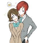  1girl ? blue_bow blue_neckwear bow bowtie brown_hair genderswap genderswap_(ftm) hand_on_hip hetero koizumi_hanayo looking_at_another love_live! love_live!_school_idol_project necktie nishikino_maki open_mouth purple_eyes red_hair school_uniform simple_background smile sofy striped striped_bow striped_neckwear sweater thought_bubble white_background 