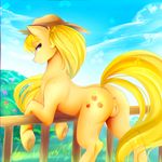  2016 anus applejack_(mlp) blonde_hair butt cloud cowboy_hat cutie_mark equine female fence feral friendship_is_magic fur green_eyes hair hat hi_res horse koveliana long_hair looking_back mammal my_little_pony outside pony pussy sky solo standing yellow_fur 