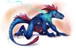  2018 anthro athletic balls big_penis blue_skin chain claws crawling dinosaur erection feathers fory grin jewelry magic male necklace penis raptor red_eyes red_feathers red_penis reptile sayuncle scalie showing_teeth smile solo stripes theropod 