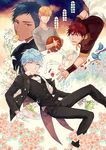  aomine_daiki basketball bird blonde_hair blue_eyes blue_hair brown_eyes butler champagne_flute cup dress_shirt drinking_glass falling flower food formal fruit gearous gloves jewelry kagami_taiga kise_ryouta kuroko_no_basuke kuroko_tetsuya lily_(flower) long_sleeves looking_at_viewer male_focus multiple_boys necklace one_eye_closed open_mouth orange orange_slice pants red_eyes red_hair saucer shirt smile spilling strawberry suit teacup tray white_gloves 