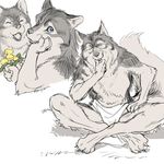  anthro blue_eyes canine clothing dandelion flower kikurage loincloth male mammal plant simple_background white_background wolf 