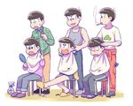  :d :o ag_(dkd_wnl) ahoge arms_at_sides blush bottle brothers cigarette closed_eyes clothes_around_waist collared_shirt cutting_hair dress_shirt drooling flip-flops hand_mirror holding jumpsuit leg_up long_sleeves male_focus matsuno_choromatsu matsuno_ichimatsu matsuno_juushimatsu matsuno_karamatsu matsuno_osomatsu matsuno_todomatsu mirror mouth_hold multiple_boys open_mouth osomatsu-kun osomatsu-san pants pointing pointing_up sandals scissors severed_hair sextuplets shirt shoes shorts siblings sitting sleeping sleeves_past_wrists sleeves_rolled_up slippers smile smoke smoking spray_bottle standing stool tank_top track_pants v-shaped_eyebrows white_background 