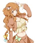  :d bow breasts brown_eyes brown_hair cleavage hair_ornament idolmaster idolmaster_cinderella_girls jewelry long_hair looking_at_viewer medium_breasts midriff monkey_tail moroboshi_kirari navel open_mouth ring simple_background smile solo star tail tail_bow white_background yoshikawa_(cajica) 