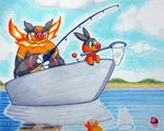  boat chibi-pika emboar fishing fishing_rod mammal net nintendo pig pok&eacute;mon porcine red_eyes tepig vehicle video_games water 