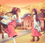  bow brown_eyes brown_hair commentary detached_sleeves hair_bow hair_tubes hakurei_reimu hakurei_shrine kirero long_hair long_sleeves mother_and_daughter multiple_girls open_mouth outstretched_arms red_bow shirt skirt skirt_set smile sunset touhou tree very_long_hair wide_sleeves 