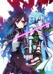  1girl beam_saber black_gloves black_hair blue_eyes blue_hair breasts bullet cleavage fingerless_gloves gloves gun jianmo_sl kirito kirito_(sao-ggo) light_smile long_hair medium_breasts otoko_no_ko purple_eyes rifle scarf short_hair sinon sniper_rifle sword sword_art_online weapon 