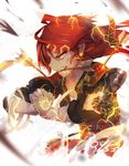  arrow arrow_in_body arrow_in_mouth bai_yemeng dissolving earrings highres impaled interlocked_fingers japanese_clothes jewelry long_hair mouth_hold obi pixiv_fantasia pixiv_fantasia_t rain_of_arrows red_eyes red_hair sash solo sparks upper_body 