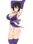 armpits arms_up black_hair blue_eyes breasts cleavage elbow_gloves fundoshi gloves highres japanese_clothes kagemusha large_breasts looking_at_viewer original parted_lips purple_gloves purple_legwear short_hair simple_background solo thighhighs thighs white_background 