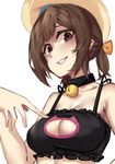  bell bell_collar black_bra bra breasts brown_eyes brown_hair cat_lingerie cleavage cleavage_cutout collar commentary error_musume grin hat jingle_bell kantai_collection looking_at_viewer medium_breasts meme_attire ponytail simple_background smile solo teeth underwear white_background wulazula 