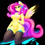  2016 anthro anthrofied areola bow breasts clothing cutie_mark equine feathers female fluttershy_(mlp) friendship_is_magic fur green_eyes hair hi_res horse kneeling koveliana legwear long_hair mammal my_little_pony nipples nude pegasus pink_hair pink_nipples pony pussy smile solo stockings thick_thighs wings yellow_feathers yellow_fur 