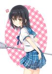  :t anger_vein bad_id bad_pixiv_id banned_artist black_hair blue_skirt blush himeragi_yukina lacrosse_stick looking_at_viewer mirai_(macharge) plaid plaid_skirt pout school_uniform serafuku short_hair skirt solo staff strike_the_blood yellow_eyes 