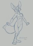  2016 4_toes anthro athletic big_ears canine claws digitigrade eyebrows fangs featureless_crotch fennec fox fur male mammal monochrome navel nude richard_foley simple_background sketch solo standing teeth toe_claws toes wide_hips 