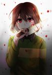  artist_name blood blood_on_face bloody_clothes bloody_hands bloody_knife bloody_weapon brown_hair chara_(undertale) collared_shirt covering_mouth gradient gradient_background grin knife looking_at_viewer red_eyes shirt simple_background smile solo spoilers striped striped_sweater sweater teeth tsuki_gesshoku undertale upper_body weapon 