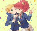  aikatsu! aikatsu!_(series) arm_around_neck blonde_hair blush braid closed_eyes gobou_1000 green_eyes hair_ornament kurebayashi_juri long_hair multiple_girls one_eye_closed open_mouth ponytail red_hair school_uniform shinjou_hinaki short_hair skirt smile starlight_academy_uniform v 