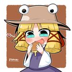  bad_id bad_pixiv_id blonde_hair blue_eyes eating food hamburger hat heart inunoko. moriya_suwako parody solo style_parody style_request touhou 