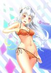  adjusting_clothes adjusting_swimsuit ange_vierge angry asamurasaki bikini blush braid breasts cleavage front-tie_bikini front-tie_top highres long_hair looking_at_viewer medium_breasts multicolored_hair navel open_mouth ponytail purple_eyes side-tie_bikini solo swimsuit white_hair 