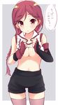  :o black_gloves black_shorts blush braid breasts cowboy_shot eyebrows eyebrows_visible_through_hair fingerless_gloves gloves hai_to_gensou_no_grimgar long_hair looking_at_viewer medium_breasts mimura_zaja red_eyes red_hair shorts single_braid solo standing thighhighs translated underboob yume_(grimgar) 