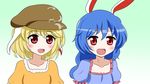  :d animal_ears aqua_background blonde_hair blue_hair blush bunny_ears collarbone flat_cap floppy_ears gradient gradient_background hat jiwieru long_hair looking_at_viewer low-tied_long_hair multiple_girls open_mouth orange_shirt puffy_short_sleeves puffy_sleeves red_eyes ringo_(touhou) seiran_(touhou) shirt short_sleeves smile touhou upper_body 