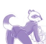  2013 anthro balls bent_over black_and_white black_eyes black_nose bow bulge clothed clothing digital_media_(artwork) fur lonbluewolf looking_back looking_down male mammal monochrome open_mouth raccoon raised_tail simple_background sketch solo suit tongue whiskers white_background white_sclera 