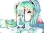  bare_shoulders boots breeze_(wcf) detached_sleeves dual_persona glass green_eyes green_hair hatsune_miku highres in_container long_hair minigirl multiple_girls skirt submerged thigh_boots thighhighs twintails vocaloid water white_background zettai_ryouiki 