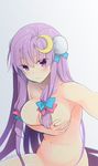  bad_id bad_twitter_id bangs blue_bow blush bow breasts bun_cover circle_name cleavage covering covering_breasts crescent crescent_hair_ornament double_bun eyebrows eyebrows_visible_through_hair hair_bow hair_ornament large_breasts long_hair looking_at_viewer navel nude outstretched_arm patchouli_knowledge purple_eyes purple_hair reaching_out red_bow self_shot shigemiya_kyouhei sidelocks sitting solo stomach touhou twitter_username very_long_hair 