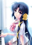  black_hair hair_ribbon instrument kurugaya_yuiko little_busters! long_hair piano purple_eyes ribbon school_uniform solo thighhighs zen 