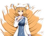  blonde_hair blush commentary_request dress finger_to_chin fox_tail frills hat kitsune kyuubi long_sleeves looking_at_viewer mob_cap multiple_tails pillow_hat short_hair smile solo tabard tail takamichis211 tassel touhou upper_body white_background white_dress yakumo_ran yellow_eyes 