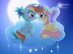  blue_fur blush cloud cutie_mark duo equine feathered_wings feathers female feral flower fluttershy_(mlp) friendship_is_magic fur hair horse long_hair mammal moon multicolored_hair my_little_pony night outside pegasus pink_hair plant pony ponytail rainbow_dash_(mlp) rainbow_hair sky smile star wings 