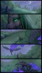  2016 begasuslu black_feathers black_fur blood blue_hair bush canterlot changeling crying duo equine feathers female feral forest friendship_is_magic fur green_eyes green_hair hair horn hug landscape mammal moon my_little_pony nature nightmare_moon_(mlp) outside princess_luna_(mlp) queen_chrysalis_(mlp) royalty sky spread_wings star tears tree winged_unicorn wings wounded 