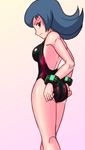  1girl ass black_hair blue_hair deadmoon_(kein2002) gym_leader natsume_(pokemon) one-piece_swimsuit one_piece_swimsuit pokemon pokemon_hgss red_eyes sweatdrop swimsuit 