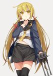  armband black_legwear blonde_hair crescent crescent_moon_pin gun hand_on_own_chest highres holding holding_gun holding_weapon jacket kantai_collection long_hair long_sleeves looking_at_viewer low_twintails monobe_tsukuri navel remodel_(kantai_collection) satsuki_(kantai_collection) school_uniform serafuku simple_background skirt smile solo thighhighs twintails weapon yellow_eyes zettai_ryouiki 