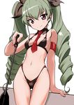  aegis_(nerocc) anchovy armband bikini blush breasts brown_eyes detached_collar drill_hair girls_und_panzer green_hair hair_ribbon highleg highleg_bikini highleg_swimsuit long_hair looking_at_viewer micro_bikini necktie ribbon riding_crop simple_background small_breasts smile solo swimsuit twin_drills twintails white_background 