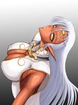  artist_request breasts circlet cleavage dark_skin elf eyelashes gradient gradient_background huge_breasts long_hair looking_at_viewer pirotess pointy_ears record_of_lodoss_war solo white_hair yellow_eyes 
