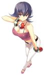  1girl bare_shoulders breasts cleavage erect_nipples full_body gym_leader holding_pokeball large_breasts long_hair looking_at_viewer natsume_(pokemon) pokeball pokemon pose purple_hair red_eyes smile solo standing 