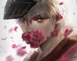  all_male close cropped flowers male oreki_genya petals red_eyes rose waifu2x white_hair 