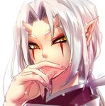  face facepaint finger_to_mouth fingernails fingers highres horns long_fingernails long_hair low_ponytail non_(nonzile) oni oni_horns original pointy_ears ponytail silver_hair simple_background slit_pupils solo white_background yellow_eyes 
